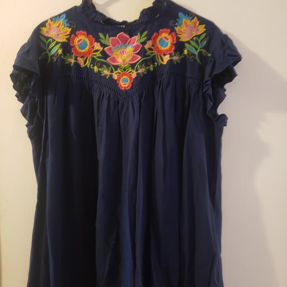 Womens umgee navy blue floral trim peasant dress medium